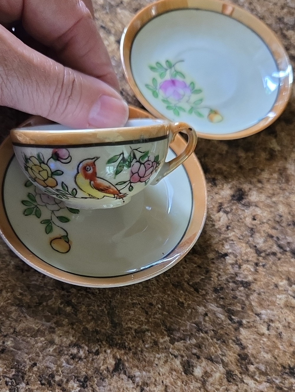 Hand-Painted Mini Tea Cup and Saucer Set with Bird Motif